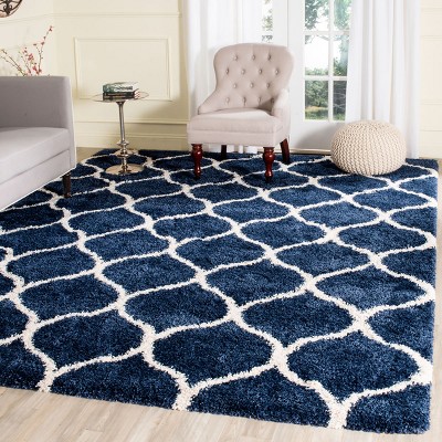 Navy and Ivory Hand-Knotted Shag Area Rug 68"x22"