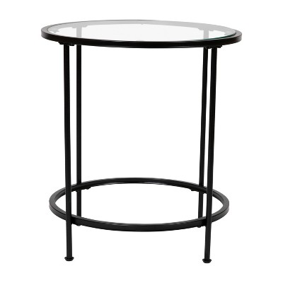 Merrick Lane Glass End Table with Round Matte Black Frame and Vertical Legs