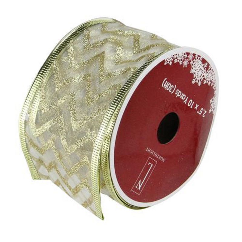 Northlight Sparkling Gold Chevron Wired Christmas Craft Ribbon 2.5" x 10 Yards, 1 of 4