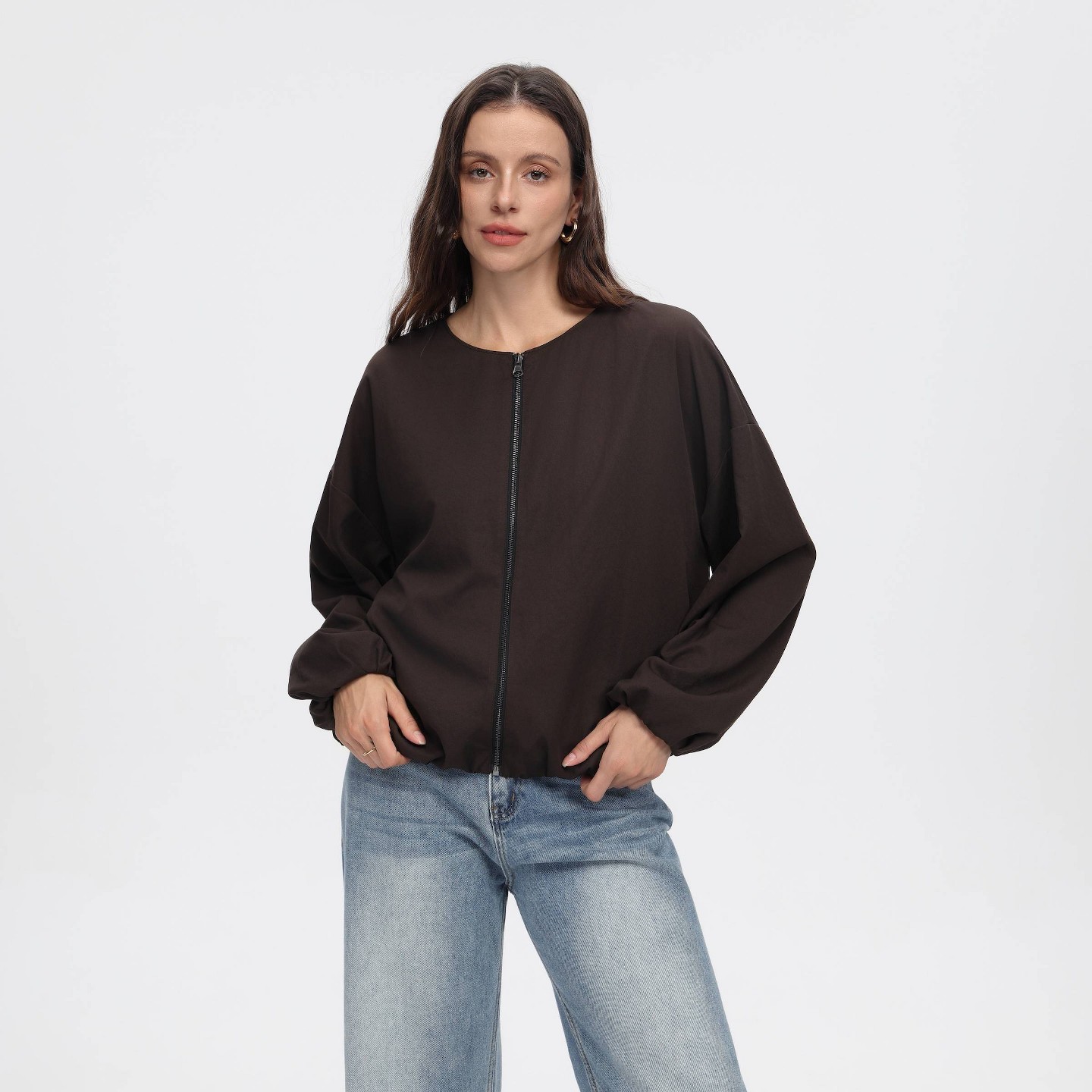 Женская куртка A New Day Long Sleeve Zip-Front Bubble, цвет: Коричневый — фото 1