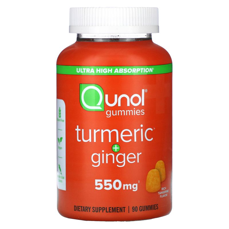 Qunol Turmeric + Ginger, Rich Tangerine, 550 mg, 90 Gummies (275 mg per Gummy), 1 of 3