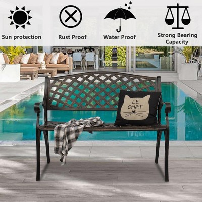 Garden Bench,Outdoor Metal Benches Iron Steel Frame Patio Bench with Mesh Pattern and Plastic Backrest Armrests for Lawn Yard Porch