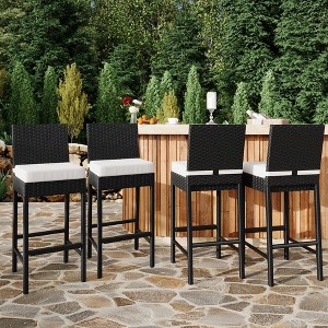 Patio Wicker Barstools With Cushions, Outdoor Wicker Bar Stools Set of 2, Outdoor Rattan Bar Height Stool Set Armless for Backyard, Poolside - 1 of 4