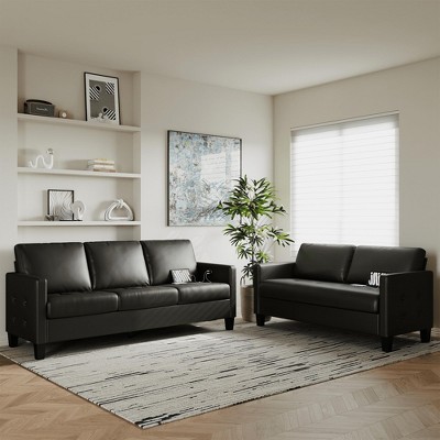 TYBOATLE Faux Leather Sofa 2 Set, Living Room Upholstered Sofa Couch, Mid Century Modern Couch Set with Wooden Legs for Living Room, Bedroom, Office