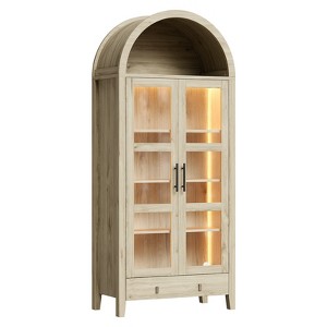 70" Tall Arched Kitchen Pantry Cabinet with LED Lights,Wood Arched Bookshelf with Tempered Glass Doors,Adjustable Shelves,Elegant Display Cabinet - 1 of 4