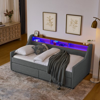 T Size Upholstery Sofa Bed with Three LED lights, with Storage Adjustable Headboard, with Two Storage Polyesterll Up drawers and Wireless Charging