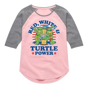 Girls' - Teenage Mutant Ninja Turtles - Red White Turtle Power Shirt Tail Raglan Graphic T-shirt - 1 of 4