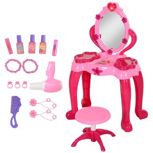 Qaba Kids Vanity Set with Mirror and Stool, Makeup Table with Light, Music, Hair Dryer, Girls Pretend Play Toys for 3-6 Years - 1 of 4
