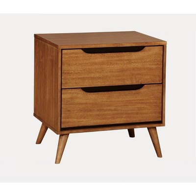 Vynxaria 1pc Mid-Century Modern Oak Nightstand, Solid Wood/Wood Veneer, 2 Drawers (Recessed Handles), Round Tapered Angled Legs