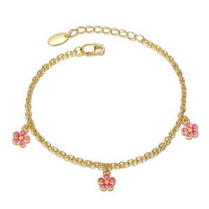 Guili Kids Sterling Silver 14K Gold Plated Fuchsia-Pink & Yellow Enamel Daisy Charm Bracelet – Bright Floral Design for Everyday & Special Occasions. - 1 of 3