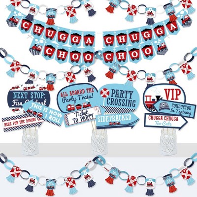 Big Dot of Happiness Railroad Party Crossing - Banner and Photo Booth Decor- Steam Train Party Supplies Kit - Doterrific Bundle