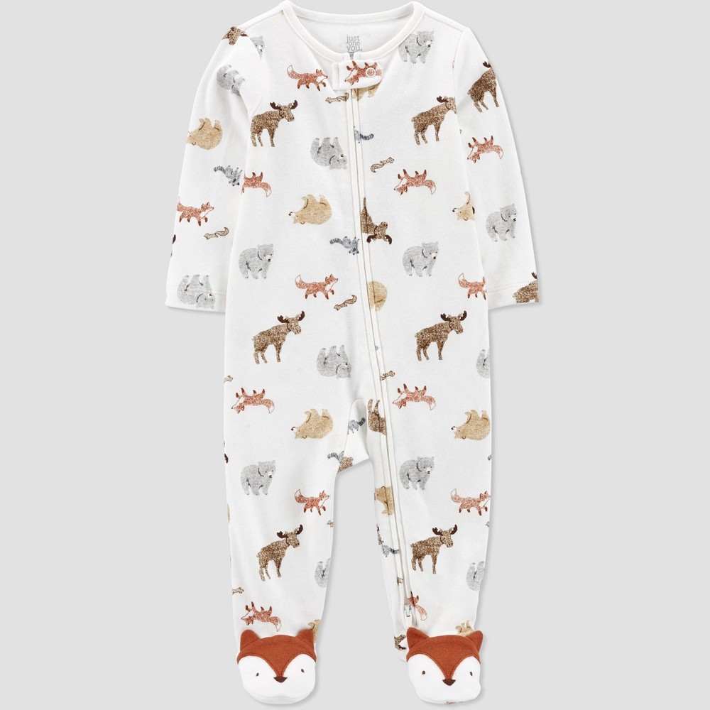 Size NB Carters Just One You Baby Boys' Woodland Creatures Interlock Footed Pajama - White/Brown Newborn