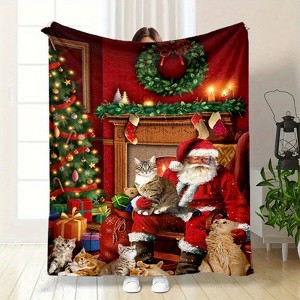 Lomsoe Christmas Santa Claus and Cats Print Flannel Blanket - All Seasons Soft and Warm Throw Blanket for Bed, Napping, Camping, Travel, Office - 1 of 4