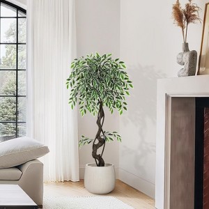 Nasitip Artificial Ficus Tree,Faux Floor Tree White Imitation Ceramic Planter, Fake Ficus Tree with Pebbles & Green Fake Moss - 1 of 4