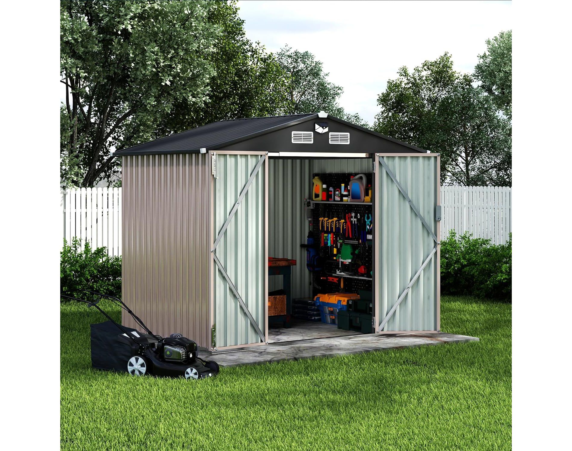 Acekool Metal Storage Shed with Sloped Roof,  Air Vents & Window, for Garden & Yard, Floor Kit Options Available