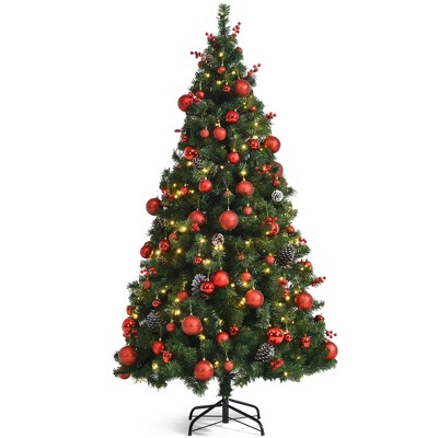 Costway 6ft Pre-lit Hinged Christmas Tree w/ Pine Cones Red Berries & Ornaments