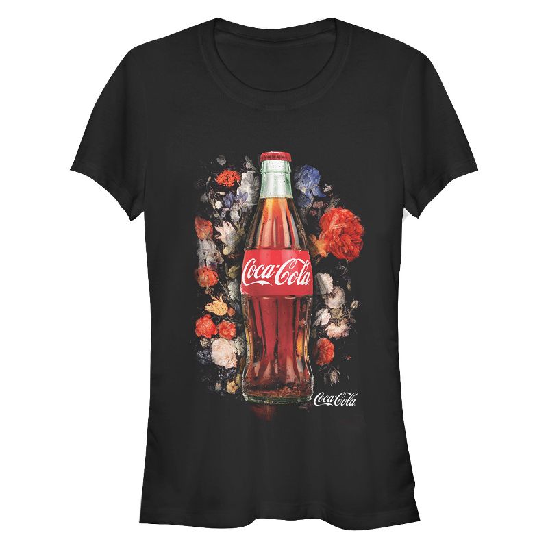 Juniors Womens Coca Cola Bottle Floral Print T-Shirt, 1 of 4
