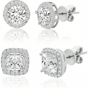 925 Sterling Silver Cushion Round Shaped Cubic Zirconia Halo Stud Earrings for Women 2 Pair Earring Set - 1 of 4