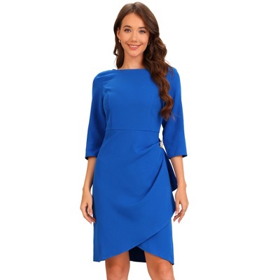 Allegra K Women's 3/4 Sleeve Round Neck Ruffle Front Casual Work Elegant Sheath Dress