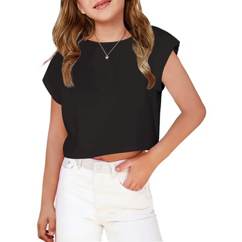 Arshiner Girls Shirt Crop Tops Short Sleeve Summer Drop Shoulder Batwing Sleeve Crewneck Loose T Shirt Tee Black 8 Years