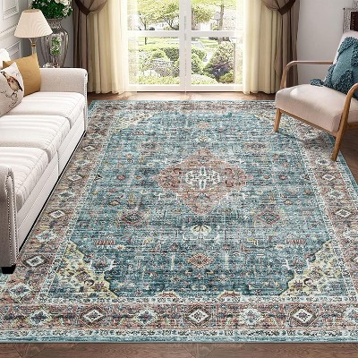 . Large Living Room Rug Washable Rug Stain Resistant Indoor Carpet Vintage Area Rug Low Pile Floor Cover for Apartment