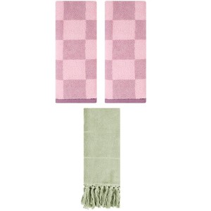 REGALWOVEN 3 Packs Checkered and Tassels Absorbent Soft Cotton Bathroom Hand Towel - 1 of 4