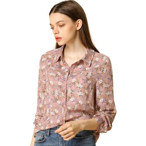 Allegra K Women's Point Collar Long Button Sleeve Button Down Floral Shirt - 1 of 4
