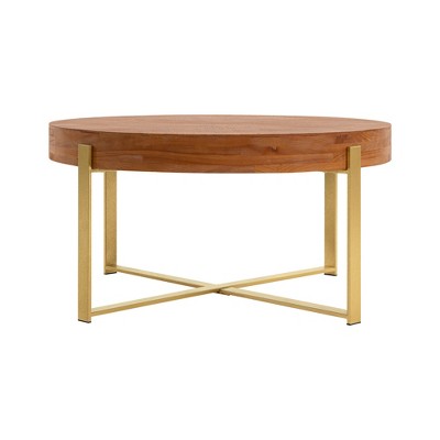 NicBex Retro Round Wood Coffee Table Black/Gold Cross Metal Legs Accent Table for Living Room