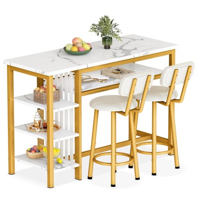 Hooseng 3-Piece Dining Room Table Set with 2 Upholstered Bar Stools, Modern Farmhouse Style Bar Table Set for 2 with Multiple Tier Storage Shelves