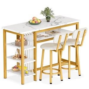 Hooseng 3-Piece Dining Room Table Set with 2 Upholstered Bar Stools, Modern Farmhouse Style Bar Table Set for 2 with Multiple Tier Storage Shelves - 1 of 4