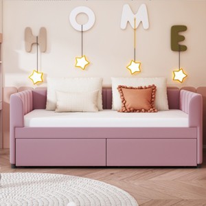 Twin Bed With Ergonomic Design Backrest And Trundle, Upholstered Bed Frame With A Twin Size Trundle, Grounded Bed Modern-Cuddlewood - 1 of 4