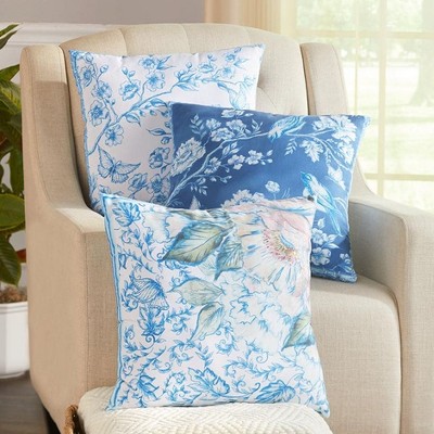 Blue and White Floral Polyester Outdoor Throw Pillow Set - 3 Pieces