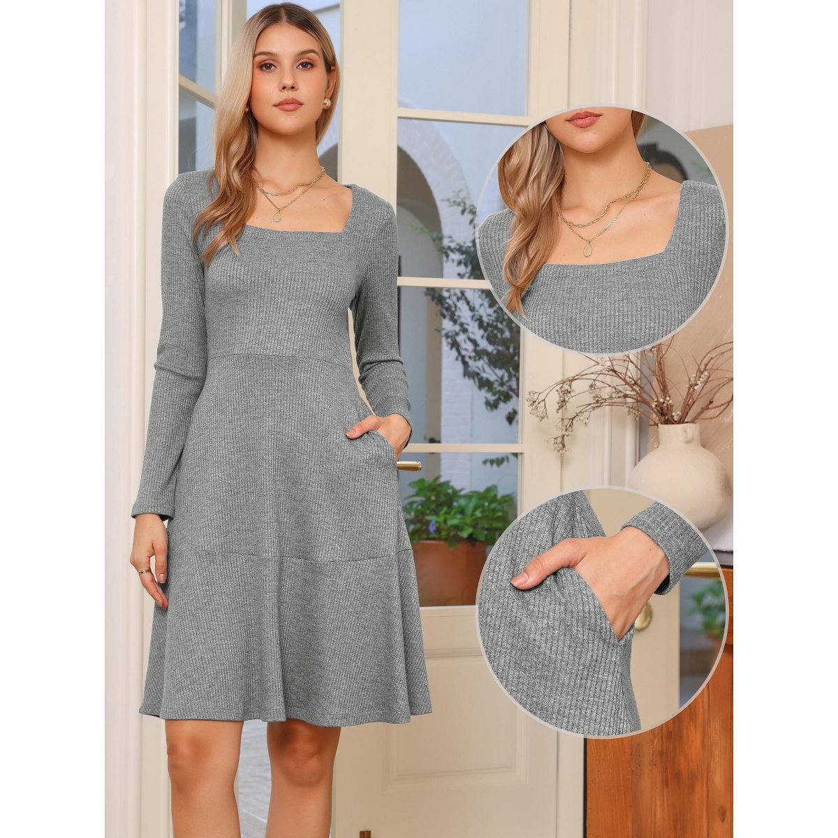 Женские платья INSPIRE CHIC Women's Square Neck Casual Long Sleeve A Line Knit Pullover Dress with Pockets Grey Medium — фото 2