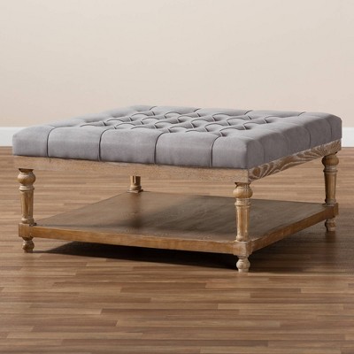 Gray Linen Tufted Cocktail Ottoman with Storage Shelf