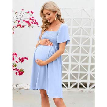 Summer Maternity Dress Women Smocked Square Neck Puff Sleeve Off Shoulder Dress