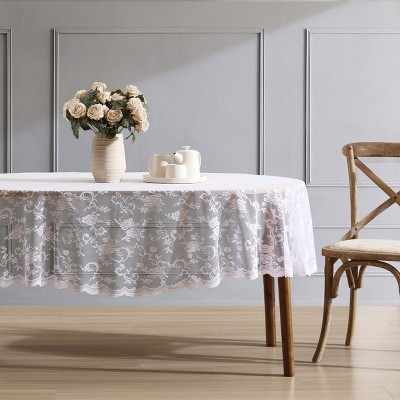 HLC.ME Harper Floral Patterned Scalloped, Wrinkle Resistant, Lace Fabric Table Cloth for Round and Rectangle Tables