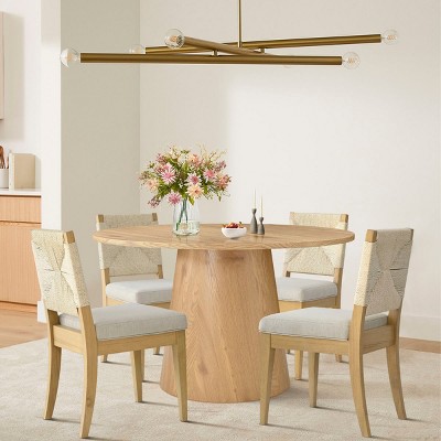 5-Pcs Dining Set for Small Space ,Wood Round Dining Table & Beige Upholstered Dining Chairs with Wood Legs & Woven Back for Dining Room-Tanpinhause