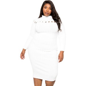 Slickblue Knot Detail Bodycon Sweater Dress, Warm & Stylish Winter Wardrobe Essential, Black/Ivory, Size 1XL-3XL - 1 of 4