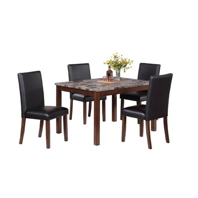 Royal Hampton 5pc Dining Table Set, Black Faux-Leather, Faux Marble, Cherry Brown