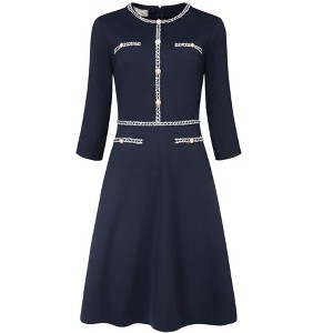 Hobemty Women's Elegant Office 3/4 Sleeve Tweed Trim Round Neck A-Line Dress - 1 of 4