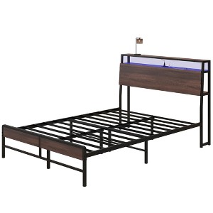 Aghana Digitals Walnut Queen Bed Frame with RGB LED Lights, Charging Station, 3-Tier Storage - 1 of 4
