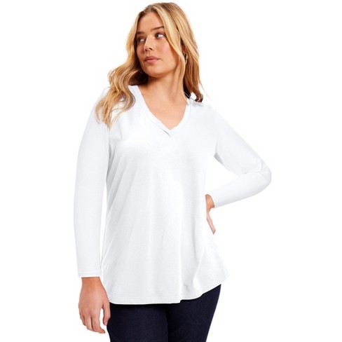 June + Vie by Roaman's Women's Plus Size Long-Sleeve V-Neck One + Only Tee  - 22/24, White