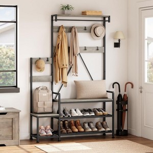 Industrial-Style Coat Rack with Bench and Shoe Cabinet Family Wardrobe Stand for Hallway Storage Suitable for Entrances, Living Rooms, Bedroom - 1 of 4