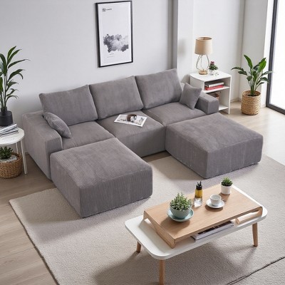 113" Corduroy U-Shaped Modular Boneless Sectional Sofa with Chaise & Ottoman