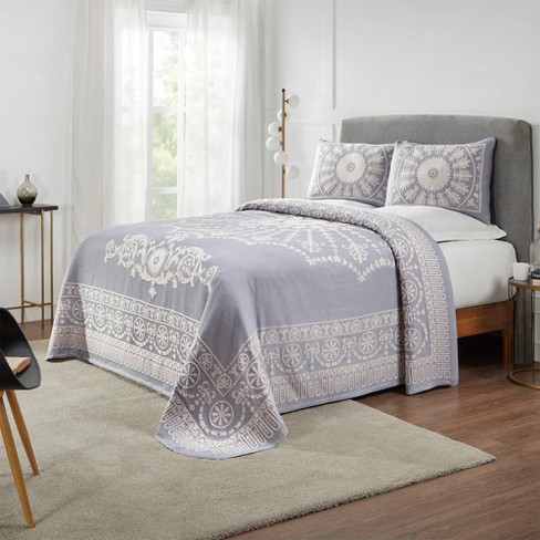 Lightweight Cotton Blend Oversized Jacquard Traditional Medallion Bedspread Set King Slate Blue Blue Nile Mills