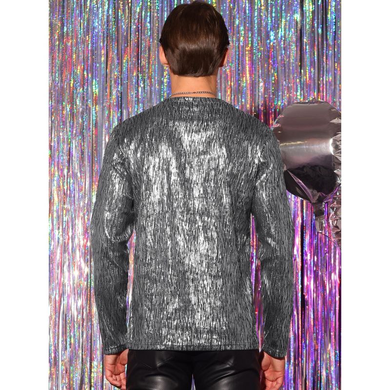 Lars Amadeus Men's Long Sleeves Party Clubwear Shiny Metallic T-Shirt, 3 of 7