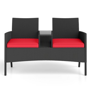 Tangkula Outdoor Rattan Loveseat 2-Seat Patio Conversation Set with Built-in Coffee Table Cushions Wicker Bench Furniture - 1 of 4