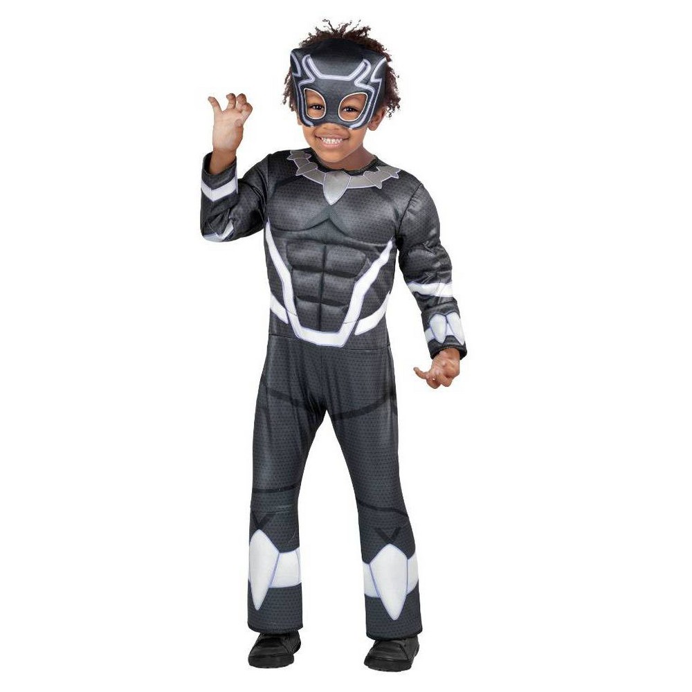 Halloween Toddler Marvel Black Panther Muscle Chest Halloween Costume Jumpsuit with Mask 3-4T