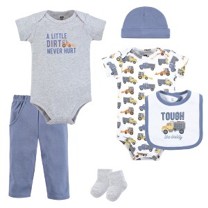 Hudson Baby Infant Boy Cotton Layette Set, Blue Construction Trucks - 1 of 4
