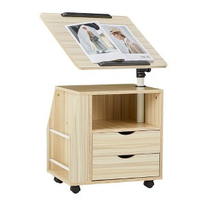 EROMMY 360 Degree Swivel Top Adjustable Height Bedside Nightstand End Table with Storage Drawers, Shelves, Lockable Wheels, & Computer Baffle, Natural - 1 of 4